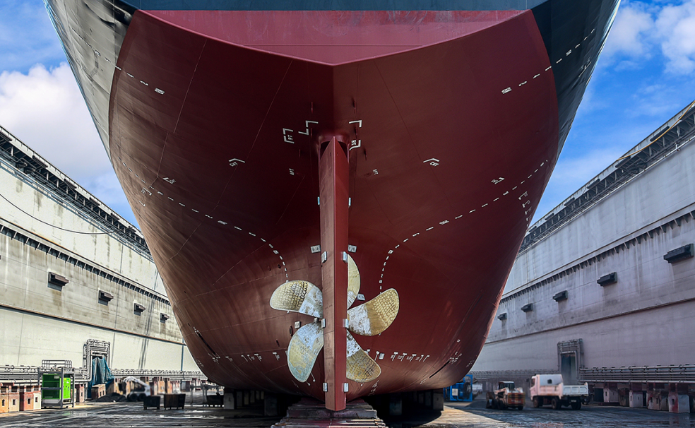 Aft end of ship in dock